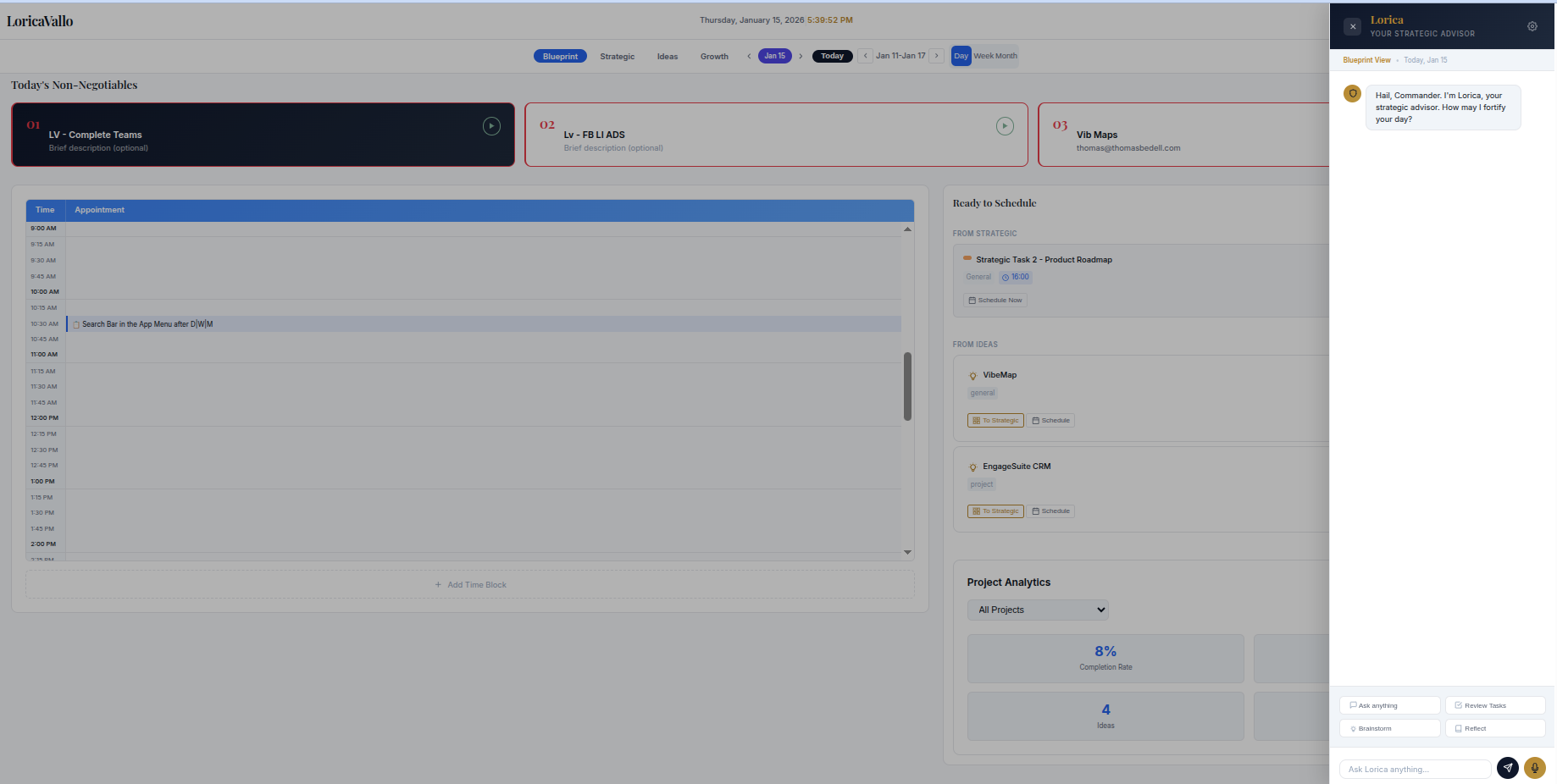Blueprint Day View - Daily scheduling with time blocks and non-negotiables